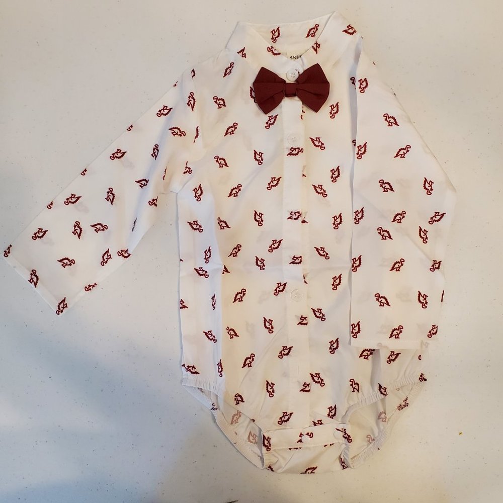 SHEIN Baby Red Dinosaur Print Bow Front Bodysuit And Suspender Pants - Picture 2 of 7